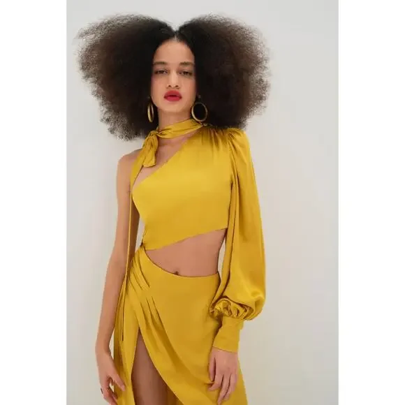 For Love & Lemons Mila Yellow Satin One Shoulder dress NWT